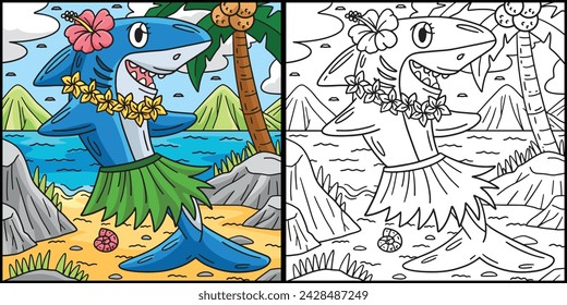 Shark Wearing Flowers and Hula Skirt Illustration