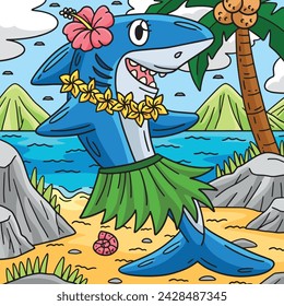 Shark Wearing Flowers and Hula Skirt Colored 