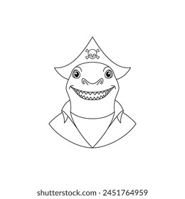 Shark wearing a pirate hat. Line art style icon on white background.