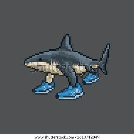 Shark wearing sneakers, pixel art meme