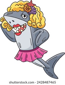 Shark Wearing Wig and Skirt Cartoon Clipart 