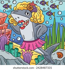 Shark Wearing Wig and Skirt Colored Cartoon