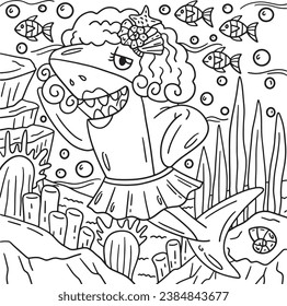 Shark Wearing Wig and Skirt Coloring Page for Kids