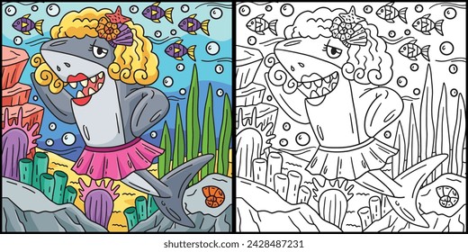 Shark Wearing Wig and Skirt Coloring Illustration