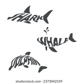 Hai-, Wal- und Delfintexte in Tierform, auf weißem Hintergrund einzeln auf weißem Hintergrund