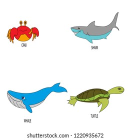 shark whale turtle crab.cartoon marine inhabitants on a white background.vector