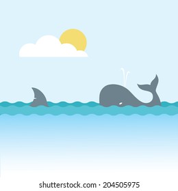 Shark and whale - vector illustration