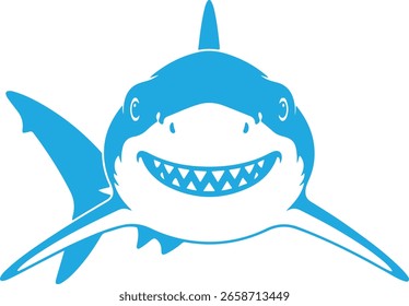 Caricatura de pez. Un tiburón gracioso. El cómic tiburona las emociones. Mascota del tiburón. tiburón sonriendo sobre un fondo blanco 