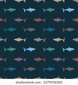 Shark white icon on black background seamless pattern. Monochrome vector illustration