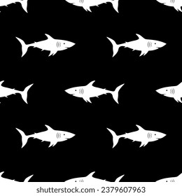 Shark white icon on black background seamless pattern. Monochrome vector illustration