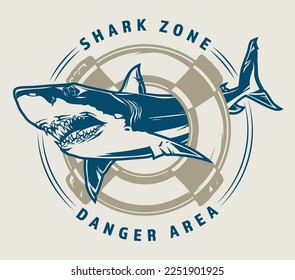 Shark zone vintage colorful emblem with predatory fish and inflatable life buoy for dangerous swimming area vector illustration