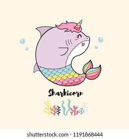 Sharkicorn cute cartoon pastel color,shark mermaid