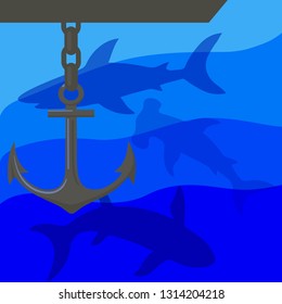 Sharks and anchor. Underwater vector  illustration