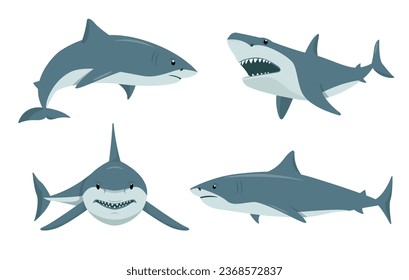 Grupo de tiburones. Tiburones submarinos, mascota de peces tóxicos, personajes de la fauna marina en diferentes poses. Animales acuáticos oceánicos. Ilustración del vector natural o de dibujos animados aislados en fondo blanco.