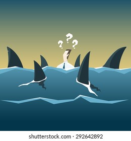 Sharks attack businessman who is drowning in the sea. Vector financial and economic crisis concept.