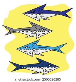 sharks colored outline. Doodle shark icons. Hand drawn vector art.