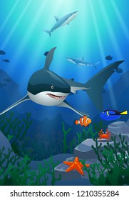 Sharks and coral reefs in the sea. underwater beauty. Vector illustration
