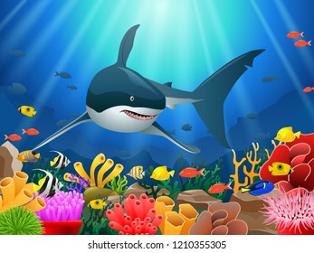 Sharks and coral reefs in the sea. underwater beauty. Vector illustration