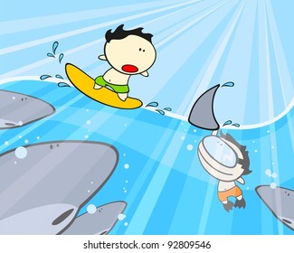 Sharks, diver and his friend surfer