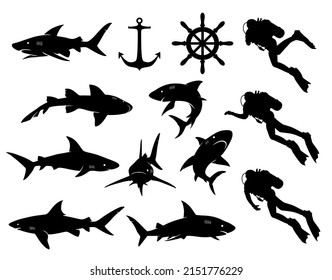 Sharks and Diver Silhouette Images isolated on white.