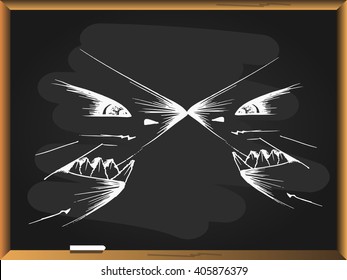 Sharks face to face on blackboard background. Free hand drawn. Vector illustration. 