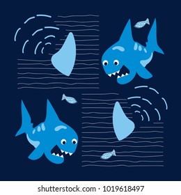 Sharks, fins of sharks, small fish, waves.