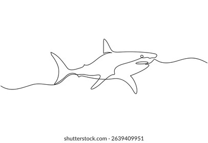 Sharks fish Continuous one line drawing of fish isolated flat vector illustration, Shark fish in continuous line art drawing style. Minimalist black linear sketch on white background.