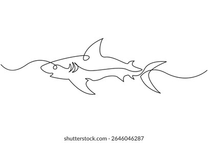 Sharks fish Continuous one line drawing of fish isolated flat vector illustration, Sharks fish Continuous one line drawing of fish isolated flat pro vector.