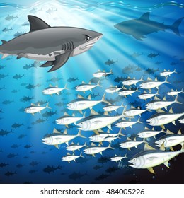 Tiburones y peces bajo la ilustración oceánica