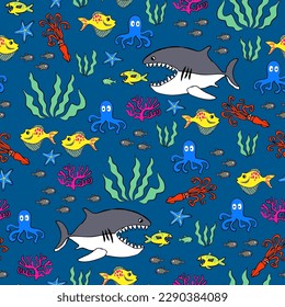 sharks and fishes, nautical seamless vector pattern. Coastal design in bright colors, colorful print for swimwear