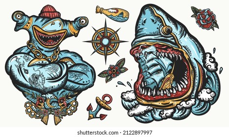 Sharks. Great white shark and drowned ship. Underwater life set. Old school tattoo collection. Strong hammerhead shark fish. Tattooing art