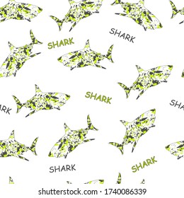 Haie mit grüner und grauer Grunge Textur auf weißem Hintergrund und Texthai. Abstraktes nahtloses Muster.