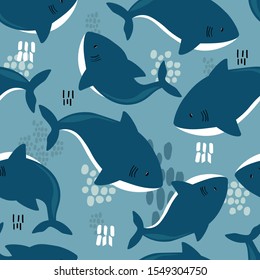 Sharks, hand drawn seamless pattern. Marine background vector. Colorful illustration, overlapping backdrop with fishes. Decorative cute wallpaper, good for printing