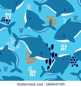 Sharks, hand drawn seamless pattern. Marine background vector. Colorful illustration, overlapping backdrop with fishes. Decorative cute wallpaper, good for printing