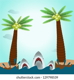 Sharks in ocean with island background