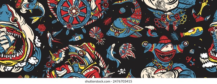 Sharks. Old school tattoo seamless pattern. Great white shark and drowned ship. Strong hammerhead shark fish. Sea wolf, captain in the sea, sailor at helm