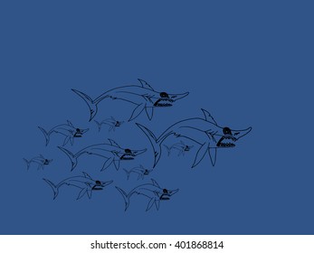 Sharks on blue background. Free hand drawn. Vector illustration. 