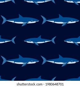 Sharks on a blue background, texture for design, seamless pattern, vector illustration