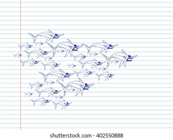 Sharks on copybook background. Free hand drawn. Vector illustration. 