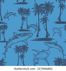 Sharks and palms islands in seamless pattern. Hand drawn with pen and ink underwater sea fish. Nautical background. Vector elements.