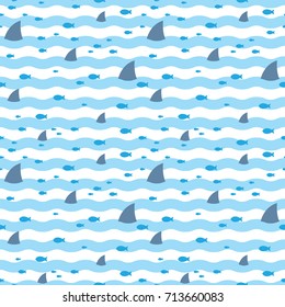 Sharks pattern. Fish pattern. Pattern fins sharks and fish swimming in blue sea. Sharks and fish swimming in sea seamless print.