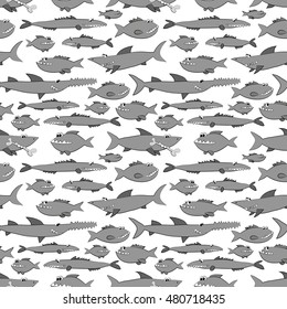 Sharks and piranhas. Seamless pattern on white background.
