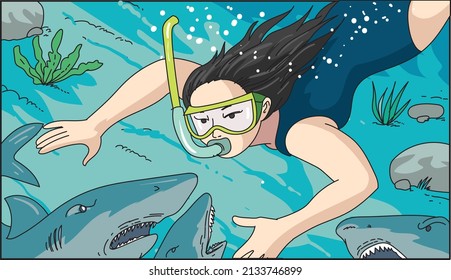Sharks and scuba diver vector