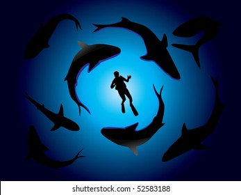 Sharks and scuba diver vector