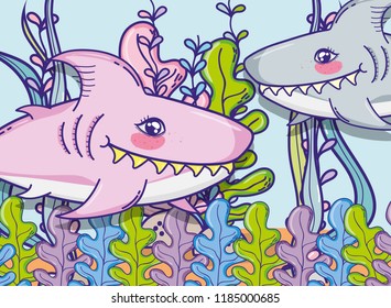 Sharks in sea cute cartoon