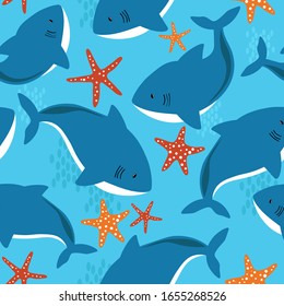 Sharks, sea stars, hand drawn seamless pattern. Marine background vector. Colorful illustration, overlapping backdrop with fishes. Decorative cute wallpaper, good for printing