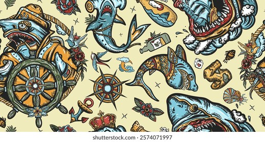 Sharks. Sea wolf, captain in the sea, sailor at helm. Great white shark and drowned ship. Old school tattoo seamless pattern. Underwater life