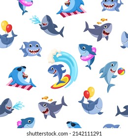 Sharks seamless pattern. Cartoon shark surfing, underwater life. Sea fabrics print, cutest wild ocean characters. Funny animals summer garish vector background