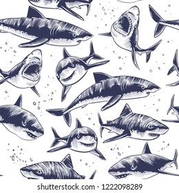 Sharks seamless pattern. Hand drawn underwater sea fish nautical japanese background