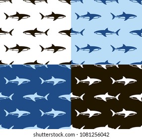 Sharks seamless pattern. Horizontal rows of the floating shark silhouettes on different backgrounds. Black, white and blue colors texture.